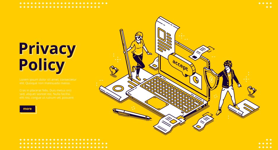 Privacy policy isometric landing page, data protection, digital security, personal confidential information online safety. Tiny people at huge laptop with shield and docs 3d vector line art web banner